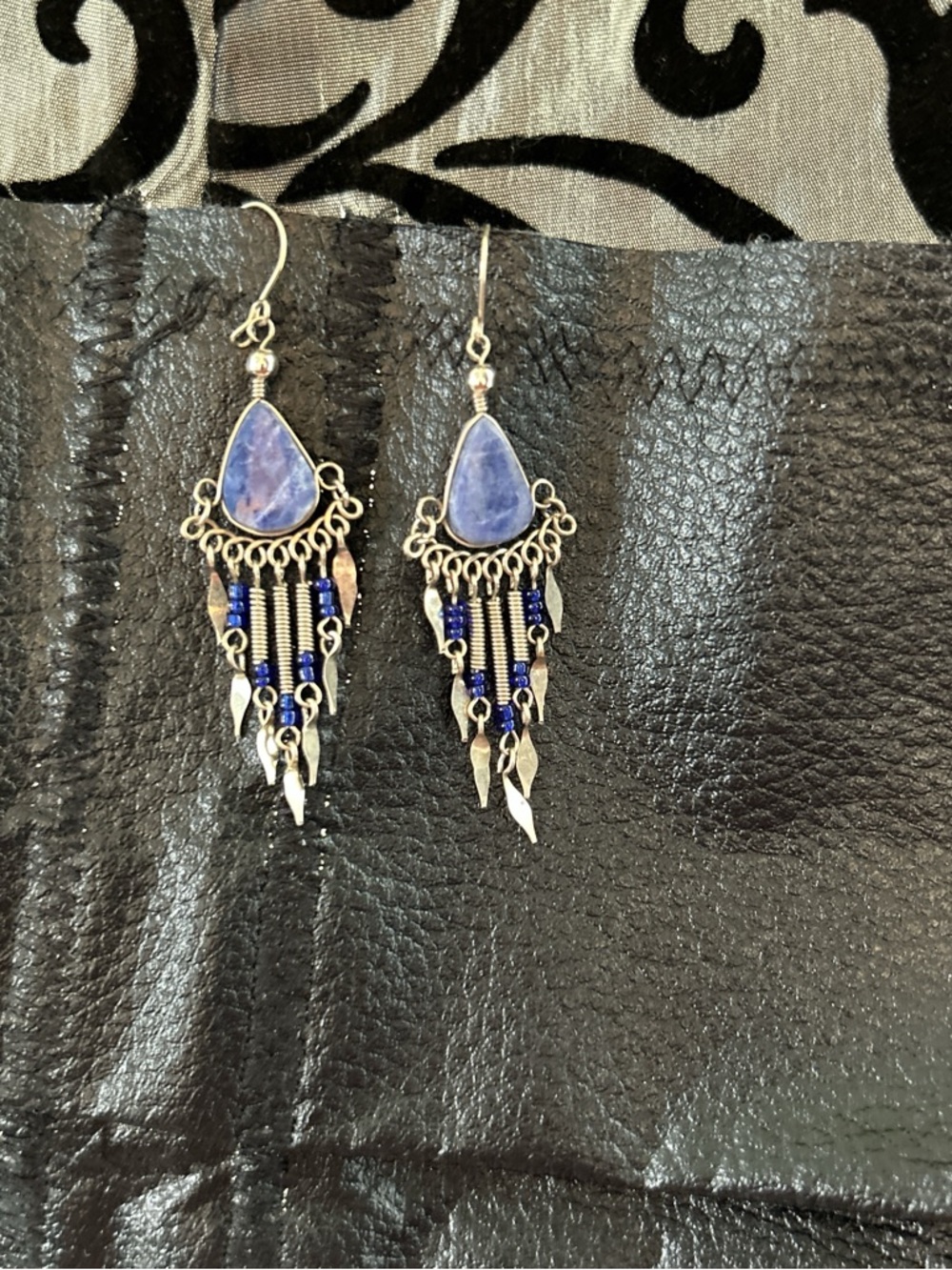 Artisan made Peruvian silver natural Blue stone dangle fringe Earrings